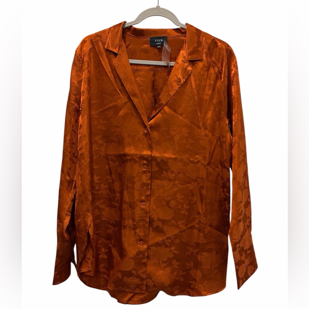 Vici Burnt Orange Floral Silky Satin Button Down Shirt Size Large Office Chic